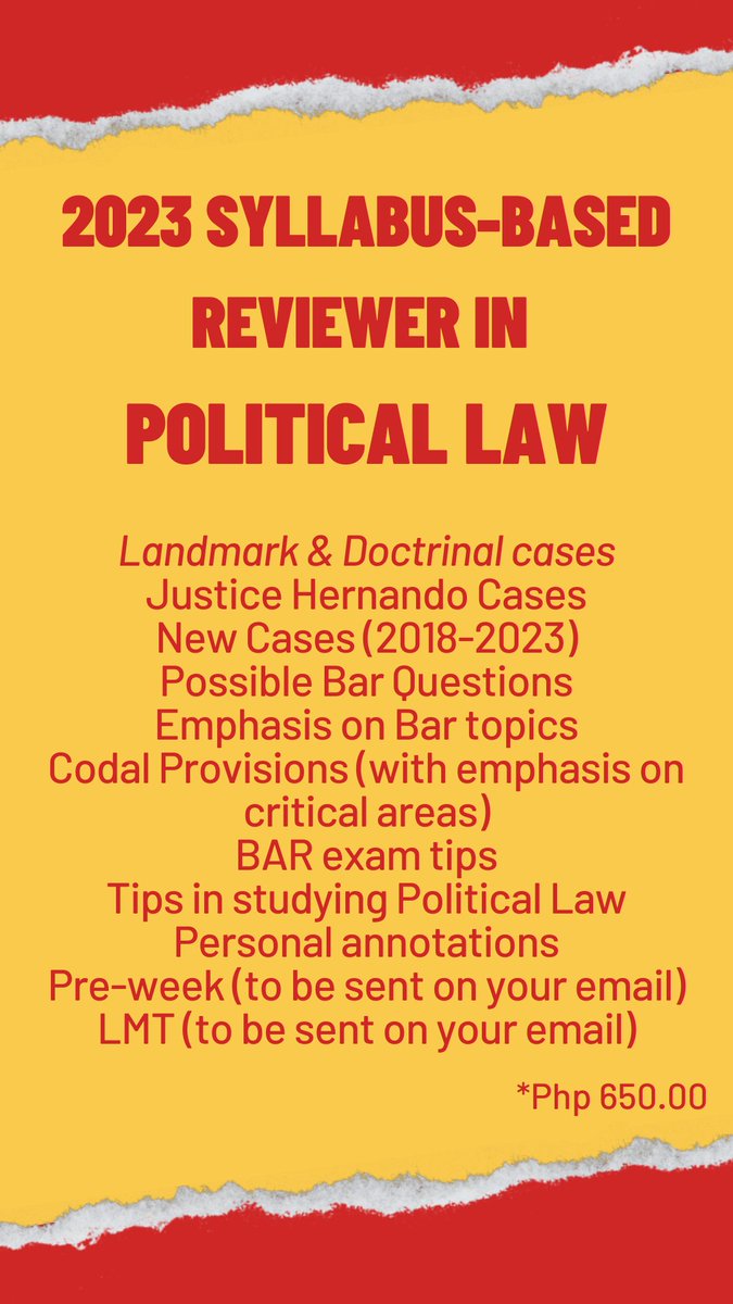 AgheroLabs's tweet photo. Hi Hernando Bar Community, Future Lawyers!

I'm pleased to announce that  the second edition of my Syllabus-based Reviewer in Political Law is now available!

You may PM me for more details. #HernandoBar https://t.co/YceG8K22X0