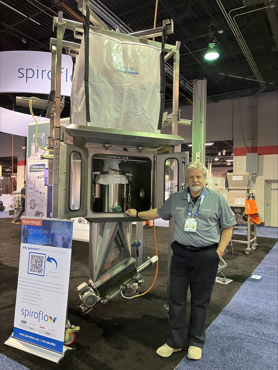 ProcessingMag's tweet image. Thanks to AMP’s Bert Bertolo for walking me through the features of the @Spiroflow  bulk bag unloader at the @PowderBulkSolid Show. Be sure to look for Spiroflow’s guide to choosing a bulk bag unloader in Processing’s May issue. #powdershow