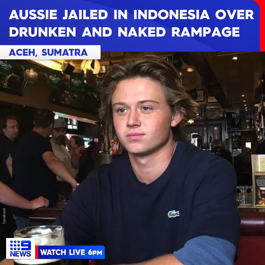 A 23-year-old Noosa man has been arrested and accused of a drunken and naked rampage in the ultra-conservative province of Aceh in Indonesia.

He's now facing several years in an Indonesian jail.

MORE: nine.social/bzR

WATCH LIVE at 6pm to see what unfolded. #9News