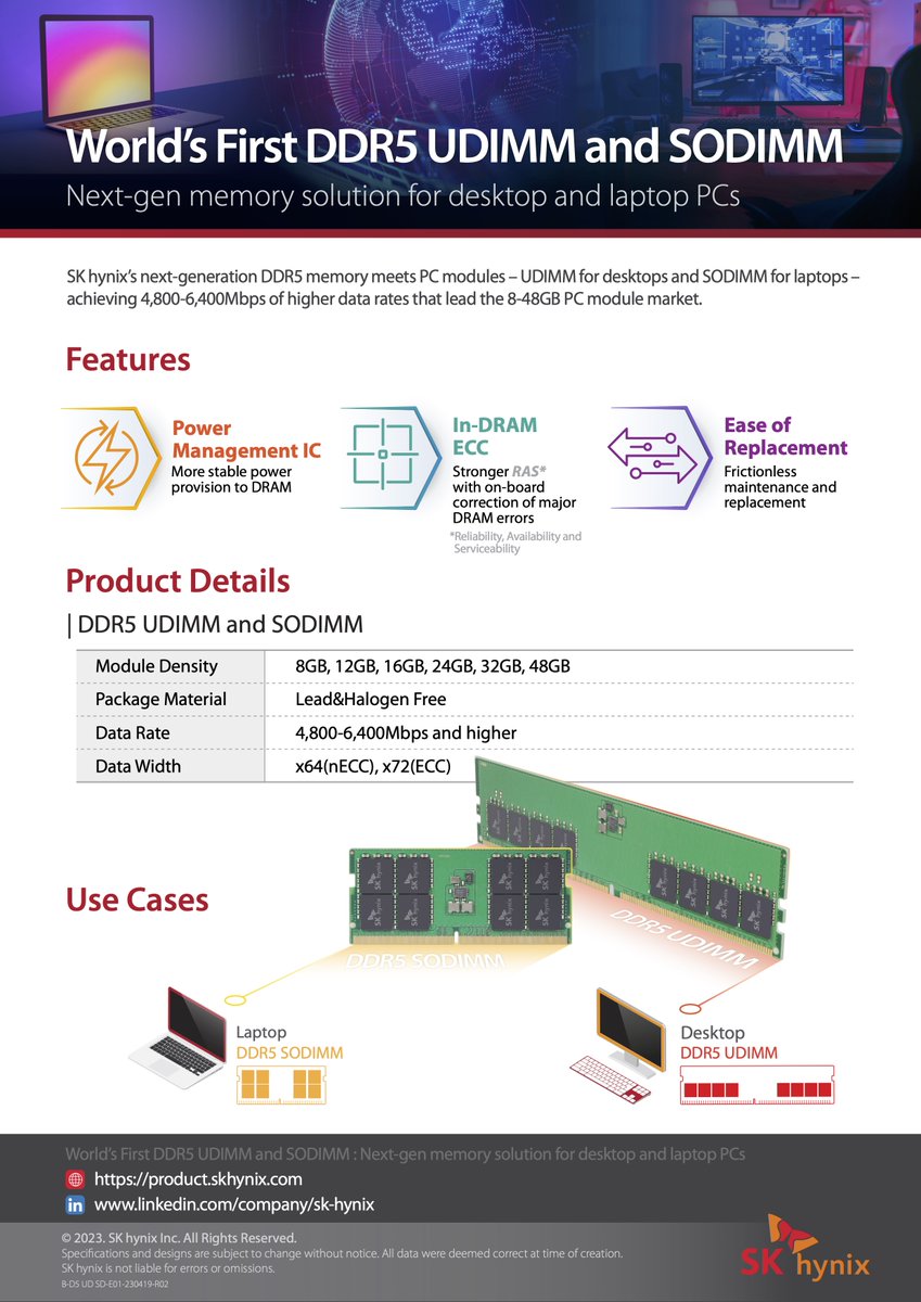 SKhynix's tweet photo. Want to get One-Stop #PC Memory Solution? Here's the answer! You can take a look shortly and have a good decision quickly.
@SKhynix, as your memory solution partner, we offer you much better #DRAM & #Storage for your desktop and laptops.
#SSD #cSSD #UDIMM #SODIMM #NAND #RAM https://t.co/qUzsm9HFbP