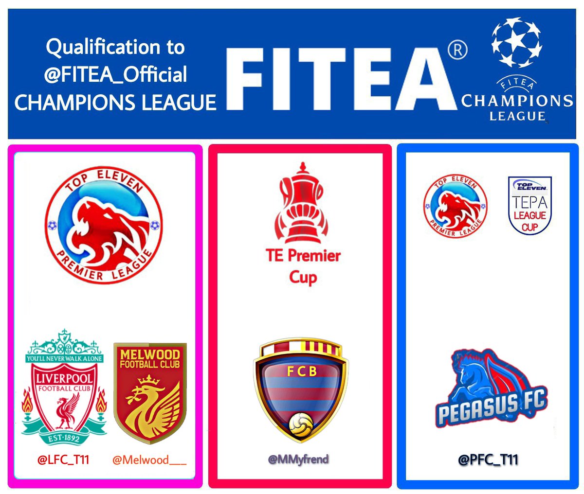 TE_PA_'s tweet photo. Teams representing #TEPA in the next @FITEA_Official Champions League
Liverpool FC @LFC_T11
Melwood @Melwood____
FC Barcelona @MMyfrend
Pegasus FC @PFC_T11
#TEPA #FITEACL https://t.co/J4oj6JJRxc