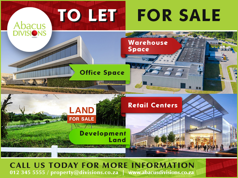 Contact your property specialists today!

Abacus DIVISIONS 
012 345 5555 
property@divisions.co.za 
Commercial Property Sales, Letting and Management!

#abacusdivisions #followthedot  #commercialproperty #retailspace #industrialspace #warehousespace #officespace #tolet #forsale