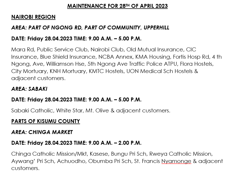 KenyaPower_Care's tweet photo. Good morning. Please receive scheduled interruptions for today 28/04/2023.^JO https://t.co/uSCBLKEba2