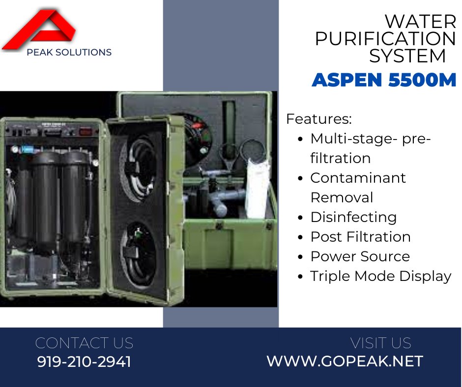 PeakSolutions2's tweet image. The 5500M Aspen Water System is a fully-enclosed expeditionary, non-saline water purification system essential for all military operations. It supplies 4,000-5,500 gallons per day, of highly purified water from virtually any non-saline water source. 
#waterpurificationsystem