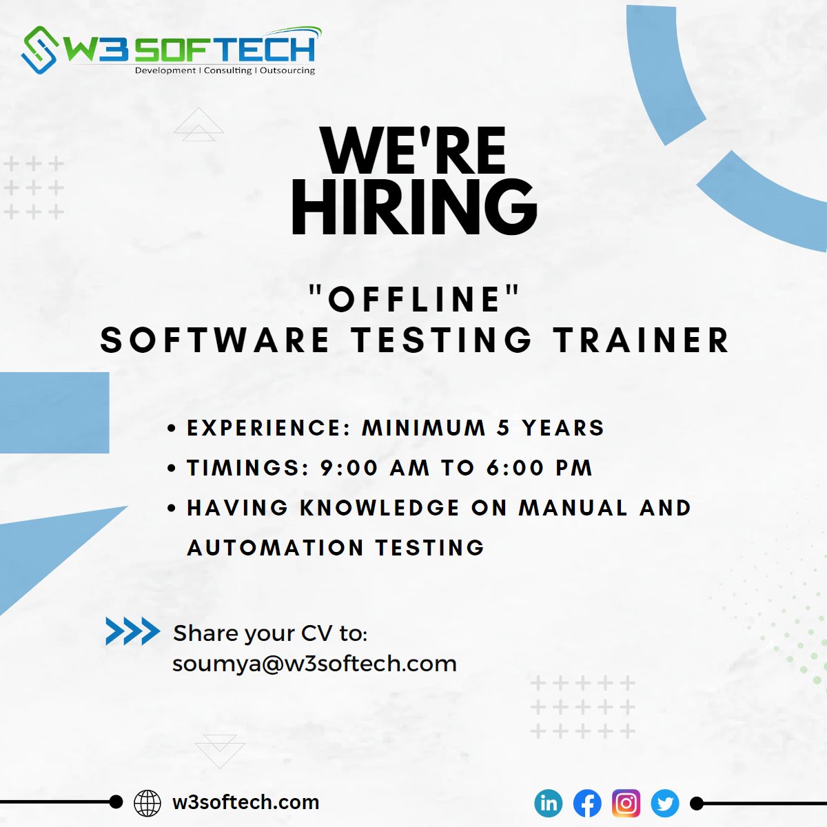 We are looking for a Software Testing Trainer having minimum 5 years of training experience who is an immediate joiner. Mode: Work from Office Work location: Hyderabad Timings: 9:00 am to 6:00 pm Share your CV to: Email: soumya@w3softech.com #hiring #softwaretrainer #IT