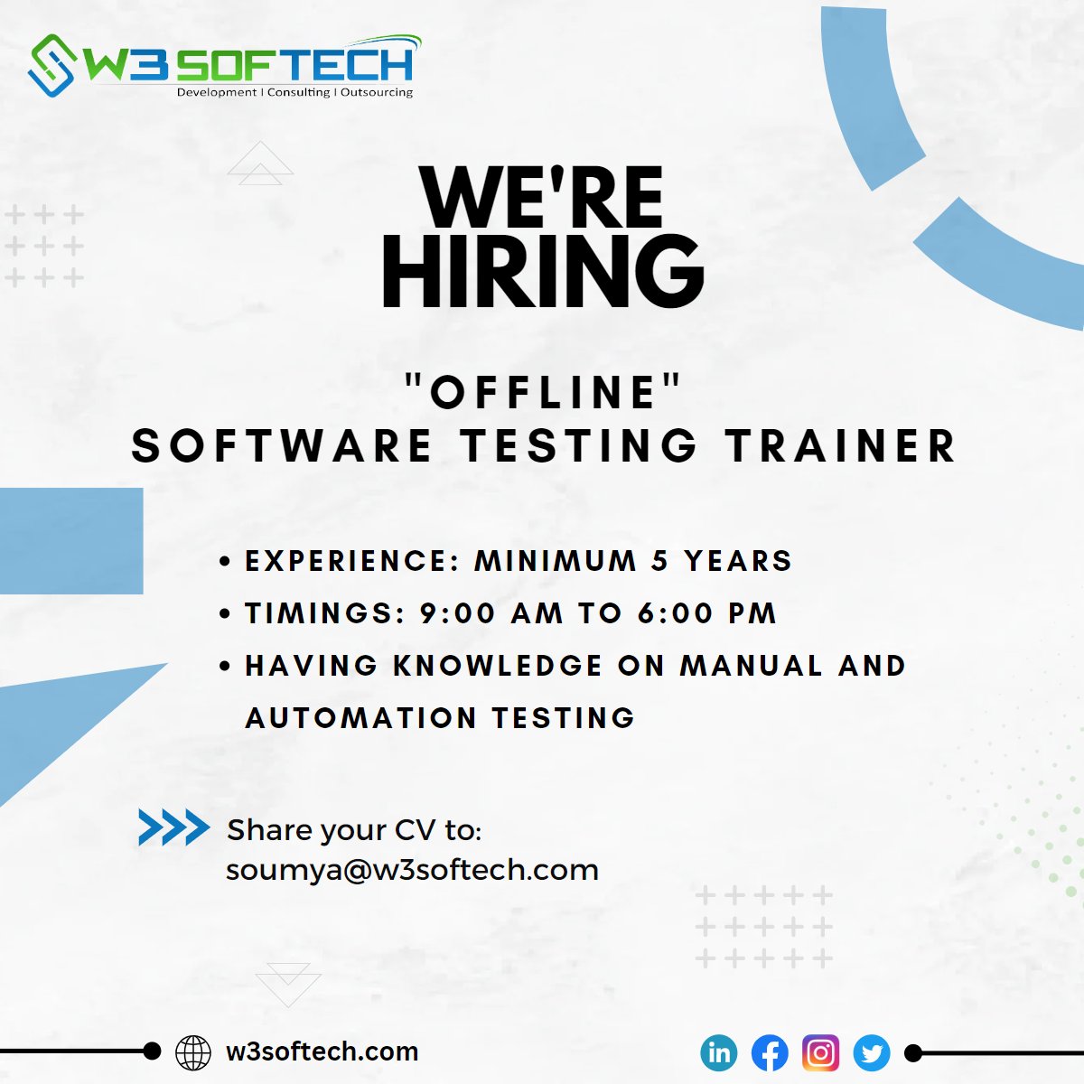 W3Softech (@w3softech) on Twitter photo We are looking for a Software Testing Trainer having minimum 5 years of training experience who is an immediate joiner.
Mode: Work from Office
Work location: Hyderabad
Timings: 9:00 am to 6:00 pm
Share your CV to:
Email:Â soumya@w3softech.com
#hiring #softwaretrainer #IT We are looking for a Software Testing Trainer having minimum 5 years of training experience who is an immediate joiner.
Mode: Work from Office
Work location: Hyderabad
Timings: 9:00 am to 6:00 pm
Share your CV to:
Email:Â soumya@w3softech.com
#hiring #softwaretrainer #IT