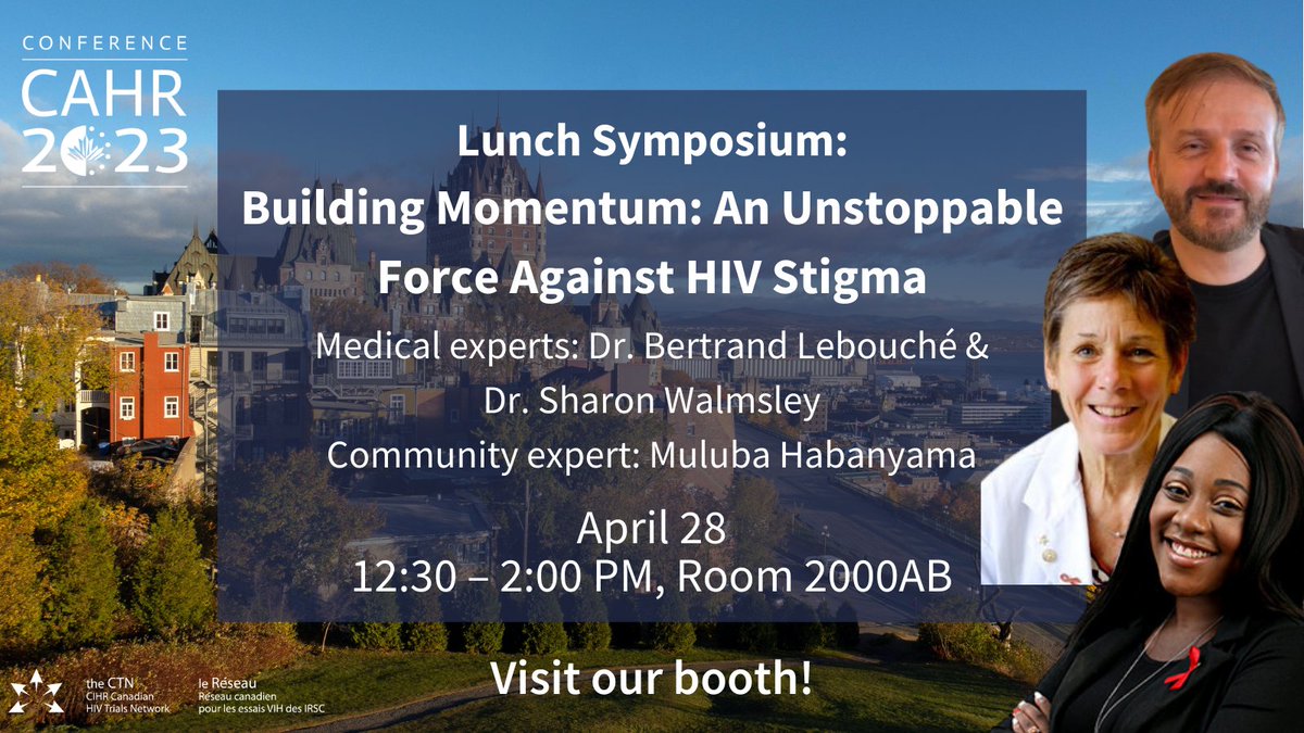 It's lunchtime at #CAHR2023!

Join CTN's Drs. <a href="/Blebthefrench/">Bertrand LEBOUCHE</a>, Sharon Walmsley, and Community Advisory Committee member <a href="/itsmuluba/">Muluba</a> at today's lunch symposium on 'Building Momentum: An Unstoppable Force Against HIV Stigma' starting at 12:30 PM in Room 2000AB (<a href="/CAHR_ACRV/">CAHR</a>).