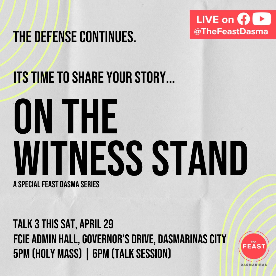 TheFeastDasma's tweet photo. Its time for you to state your defense on how God changed your life on our series 'On The Witness Stand'.

Get to know yet another story from one of our Feast member, as we enter talk 3 of this mini-series.

#TheFeastDasma
#YouAreLoved https://t.co/zjKsPwCDeF