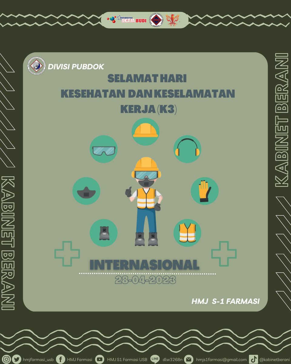 HMJFarmasi_USB's tweet photo. [Hari Kesehatan dan Keselamatan Kerja (K3)]

Dilansir situs resmi ILO, Hari K3 Sedunia 2023 mengusung tema "A Safe and Healthy Working Environment" yang artinya "Lingkungan Kerja yang Aman dan Sehat". https://t.co/HezXg204Kp