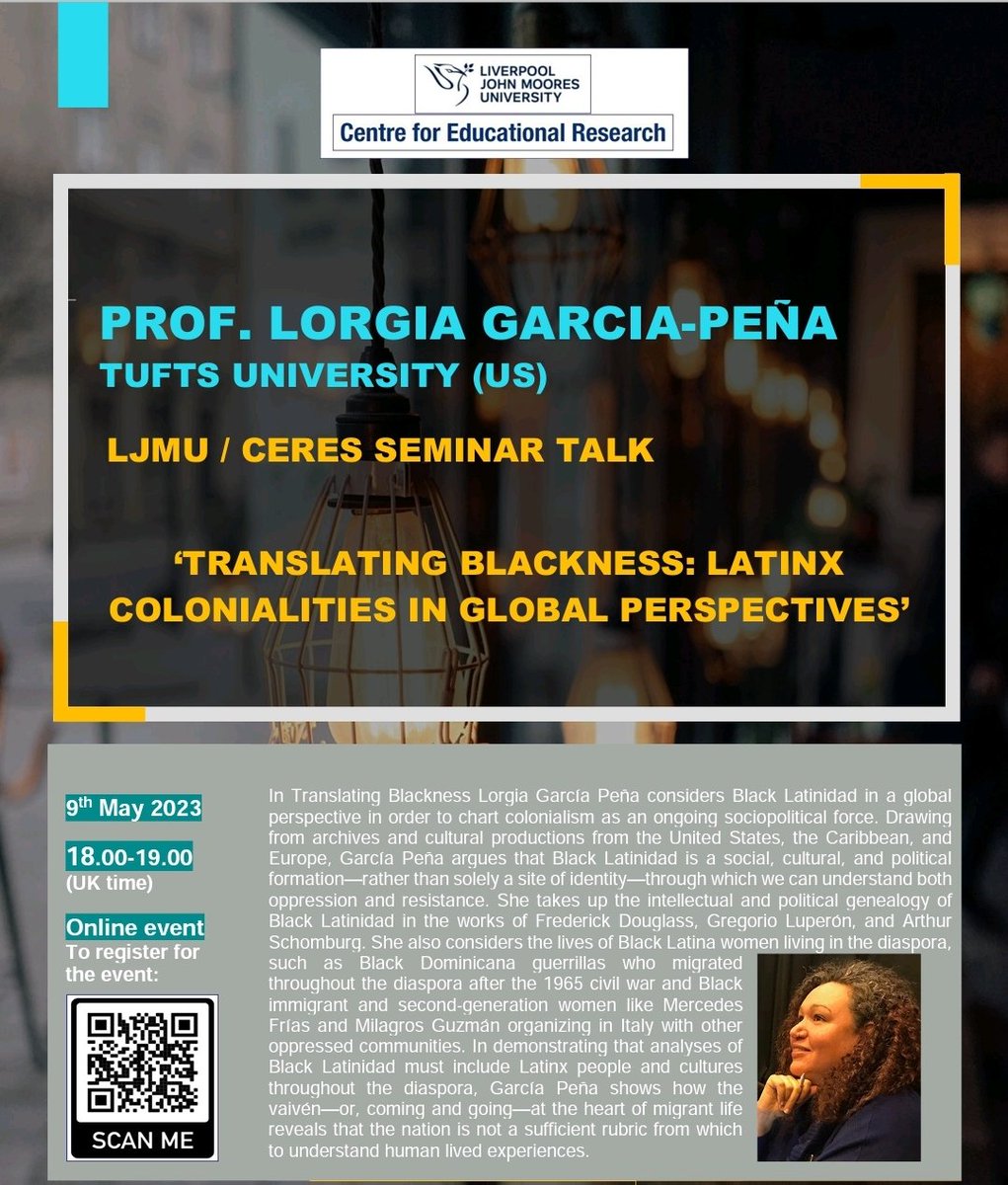 Next CERES Seminar speaker:
Prof Lorgia García-Peña (Tufts University, US)
Tuesday 9th May (18.00-19.00)
Online event (booking link below):

eventbrite.co.uk/e/ceres-semina…