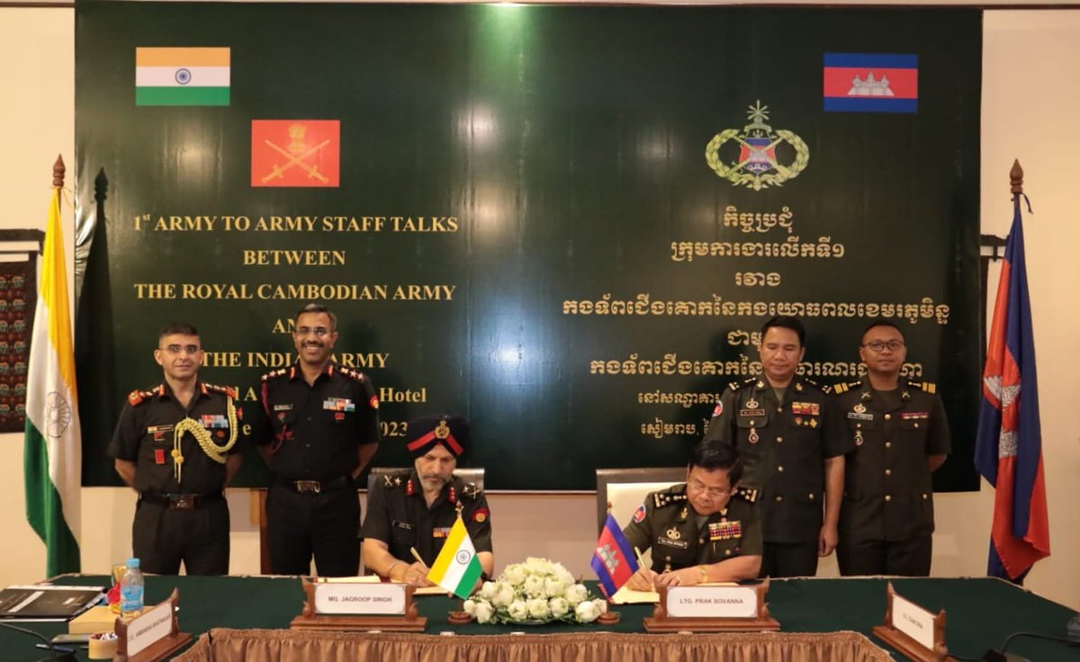Chhote_91's tweet photo. Inaugural Army to Army Staff Talks #AAST between #IndianArmy &amp; #RoyalCambodianArmy were conducted at #SiemRep, #Cambodia. #AAST focused on #DefenceCooperation &amp; ways to enhance training engagement. #AAST delegation also witnessed ongoing Demining Operation at #Cambodia. https://t.co/9XsfMl9PZO