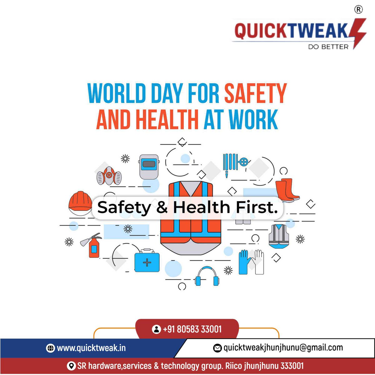 Greetings from QuickTweak
                    #OSH #OccupationalSafety #ReduceRisks #HealthAtWork #SafeAndHealthyWork #WorkplaceSafety #SafeWorkplaces #SafeBusiness #SafeWorkers #SafetyCulture #quicktweak #Jhunjhunu @QT_331001 @QT_332001