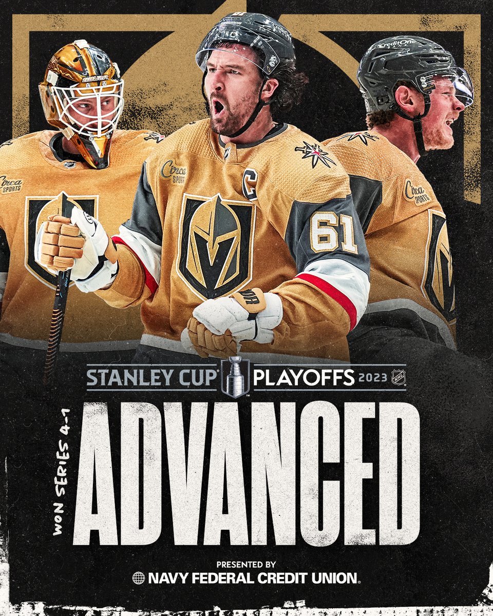 NHL's tweet photo. 🎰 VEGAS = THROUGH 🎰

The @GoldenKnights are the first team to advance to the Second Round! ☑️ 

#StanleyCup Series Win presented by @NavyFederal https://t.co/AxJms9kkAu