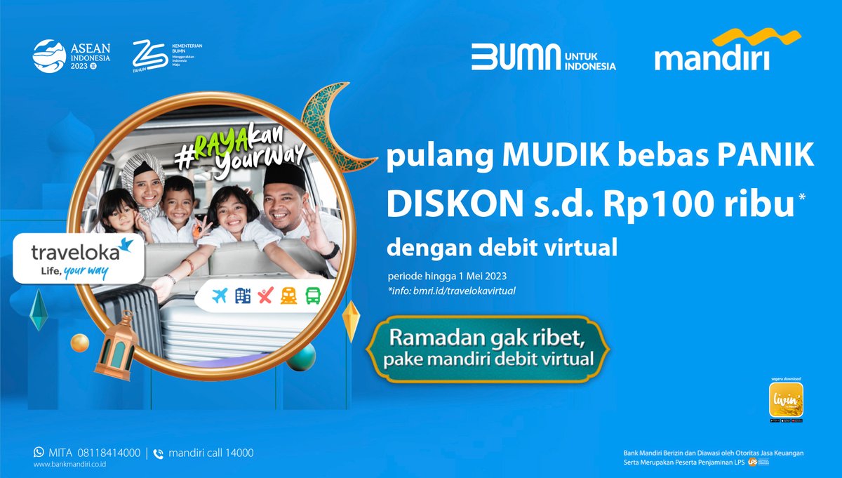 bankmandiri's tweet photo. Beli tiket mudik tanpa panik, udah gitu gak ribet terus ada diskon s/d Rp100 ribu lagi kalau pake #MandiriDebitVirtual.

Berlaku untuk penerbangan domestik dan pemesanan via Traveloka App hingga 1 Mei 2023. Info: https://t.co/W1vk6MsHfl 

#mandiripromo https://t.co/DZ4uZm8eYr