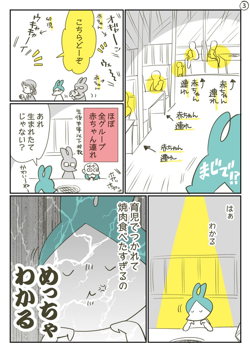 0歳児が焼肉デビューした時の話 (ばびすけも先日いちばんデビュー済み) #育児漫画 #漫画が読めるハッシュタグ #コミックエッセイ