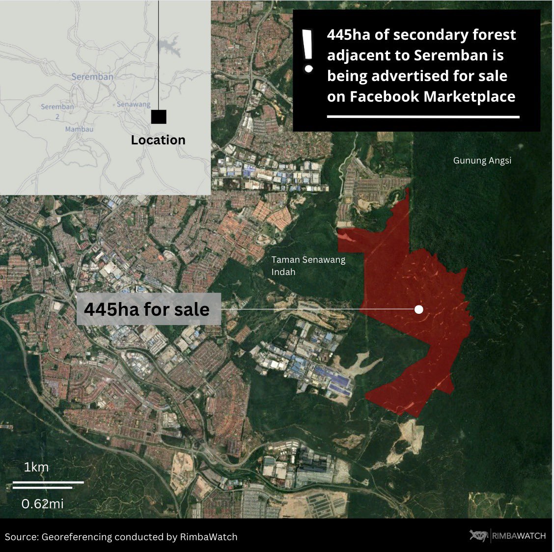 RimbaWatch's tweet photo. RimbaWatch has identified a listing of 445ha of secondary forest being advertised for sale in Seremban, close to Gunung Angsi. https://t.co/n2ESNQaXVX