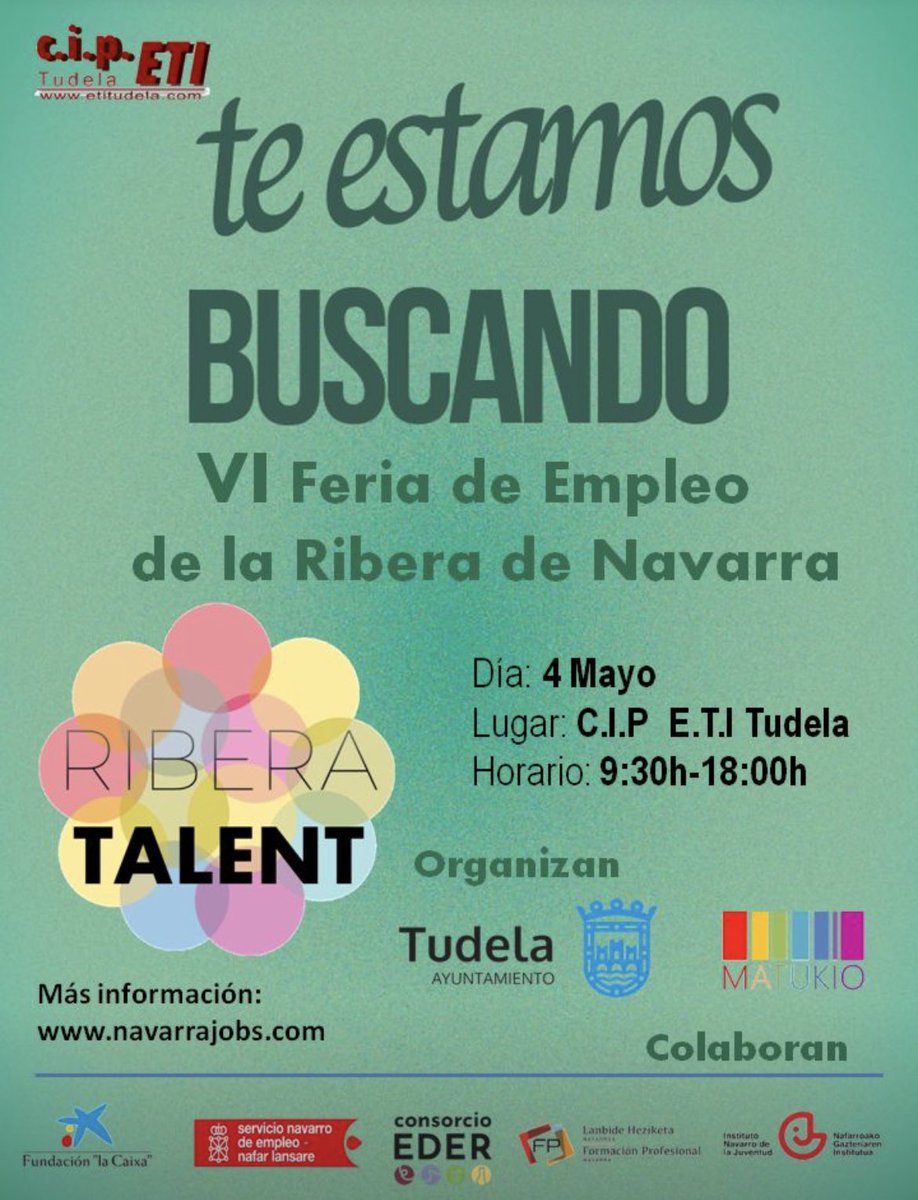 💬Vuelve RIBERA TALENT💬
La Feria de Empleo y Emprendimiento de la Ribera de Navarra tendrá lugar el próximo 4 de mayo en el CIP ETI de Tudela en horario de 9:30h-14:00h y de 16:00-18:00h.