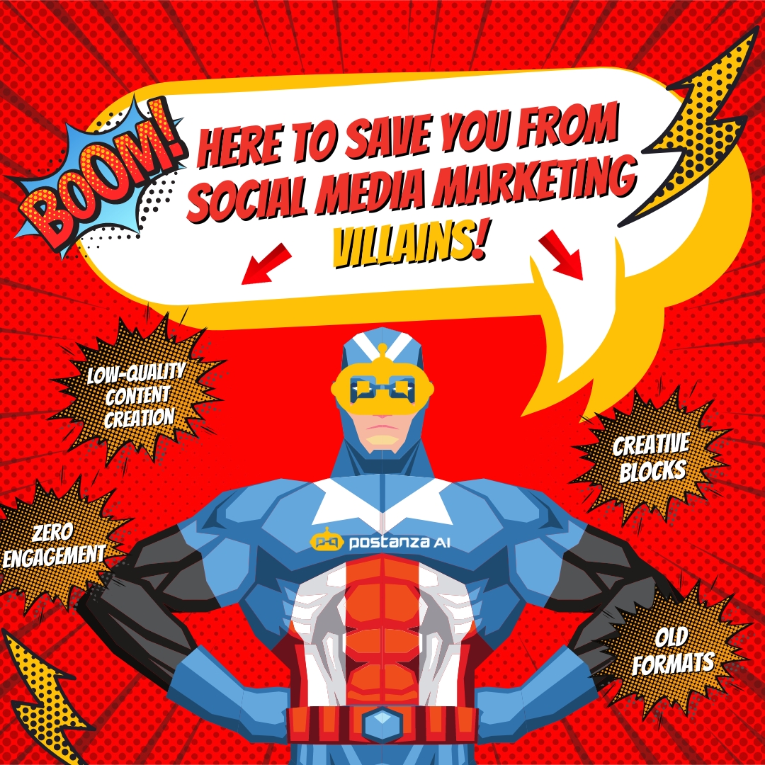 Postanza_ai's tweet photo. The Ultimate SMM Saviour- Postanza AI! #NationalSuperheroDay π₯π¦Έ
Meet the #socialmediamarketing hero. With its superpowers of features to combat villains like irrelevant content creation, creative blocks, bad engagement, and much more. #PostanzaAI is here to save the day! https://t.co/4z5b85pxV3