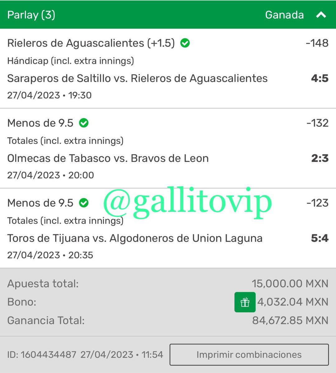 SOY EL MEJOR EN LIGA MEXICANA!!⚾️🇲🇽

GRACIAS POR SER PARTE DE MI SUEÑO GANAMOS EL PARLEY Y SE VAN LOS REGALOS ENTRE LOS RT y❤️

¿Quieres ganar dinero conmigo? 🤑

Premium Whats App - wa.link/z6diw8

Premium Tipster Chat - tipsterchat.com/premium/Gallit…

Promoción 40%🚀