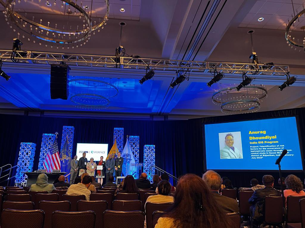 drramvictor's tweet photo. Congratulations to Dr. Anurag Dhoundiyal, EIS officer, for receiving 2023 Sara Lowther Memorial Award, to support his work “Identification of Risk Factors for the Occurrence of Leptospirosis Cases through a Case-control Study in Rajasthan, India #CDCEIS23 @US_CDCIndia @tephinet https://t.co/F8HguEOuJG