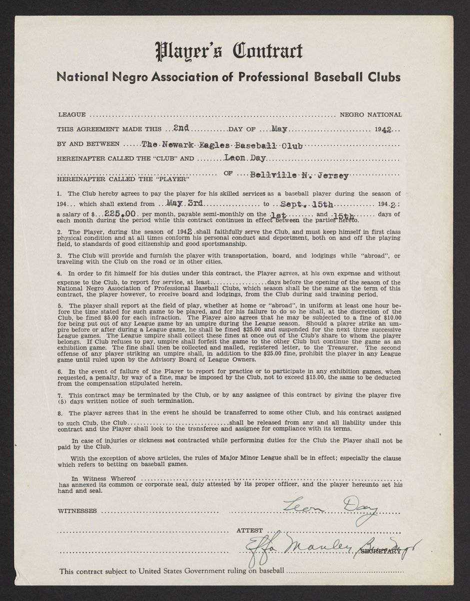 ZBDigitalibrary's tweet photo. I am still having fun browsing the Newark Eagles papers. Here is a 1942 player contract signed by Hall of Famer Leon Day. It looks like he made a little over $1,000 for the season. that year he had an 8-2 record, lead the league in Strikeouts, and WHIP, and was a 2-time All-star. https://t.co/edc5GoN7J0