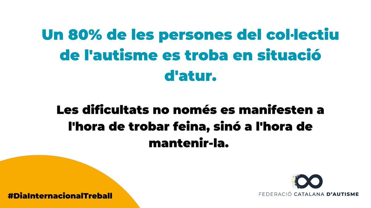 Federació Catalana d’Autisme (@fedcatautisme) on Twitter photo ❗️Calen mesures urgents per reduir el percentatge d'atur entre la població amb #autisme.
#DiaInternacionalTreball
📢Busquem empreses interessades a formar part del projecte d'inserció laboral, #JobsCAT
▶️ info@fedcatalanautisme.org
💥Sobre el projecte: bit.ly/40aDUwN ❗️Calen mesures urgents per reduir el percentatge d'atur entre la població amb #autisme.
#DiaInternacionalTreball
📢Busquem empreses interessades a formar part del projecte d'inserció laboral, #JobsCAT
▶️ info@fedcatalanautisme.org
💥Sobre el projecte: bit.ly/40aDUwN
