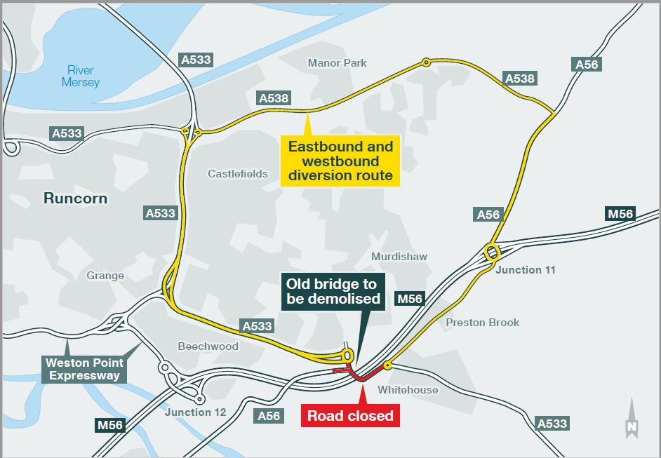 HighwaysNWEST's tweet photo. βπβ Weekend closures for old bridge demo, Fri 12 to Mon 15 May & Fri 19 to Mon 22 May:
#M56 J11 to J12, 9pm-6am
#A533 #ExpresswayBridge, 7pm-6am
ββ Long delays are expected. Use alternative routes if poss.
βΉοΈ https://t.co/LeQJjAAnNe
@HaltonBC @LPL_Airport @manairport https://t.co/L5HjHWzfg3