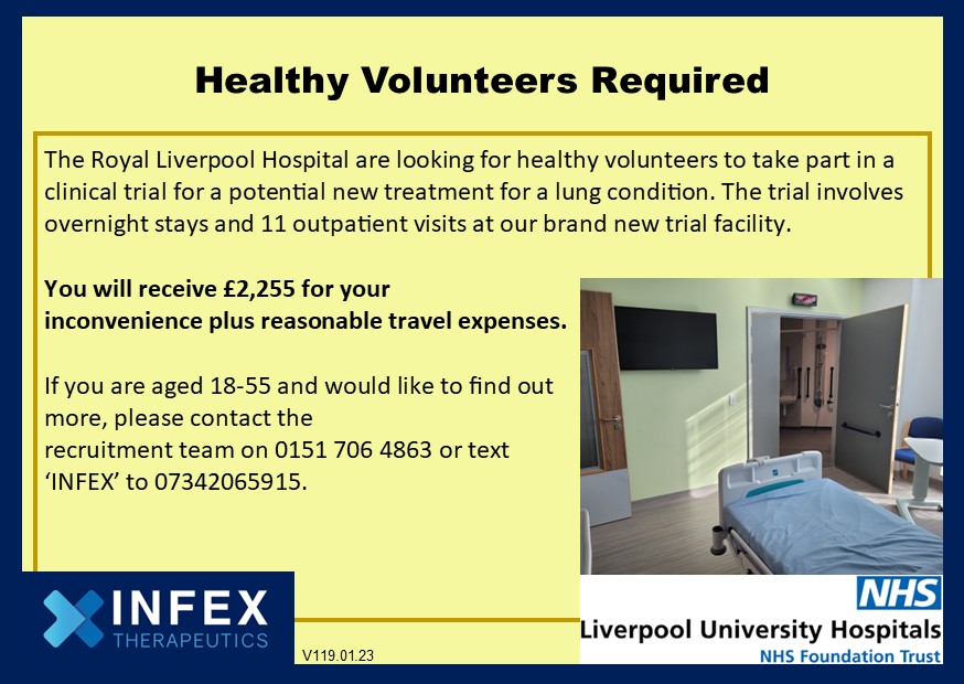 NIHR Liverpool Clinical Research Facility (@nihrcrf_lpool) on Twitter photo We are recruiting healthy volunteers for a trial with <a href="/INFEX_TX/">INFEX Therapeutics</a>. The full details are below 👇
Contact us to find out how you can #GetInvolvedinResearch
@LivHospitalsRI @LivHospitals We are recruiting healthy volunteers for a trial with <a href="/INFEX_TX/">INFEX Therapeutics</a>. The full details are below 👇
Contact us to find out how you can #GetInvolvedinResearch
@LivHospitalsRI @LivHospitals