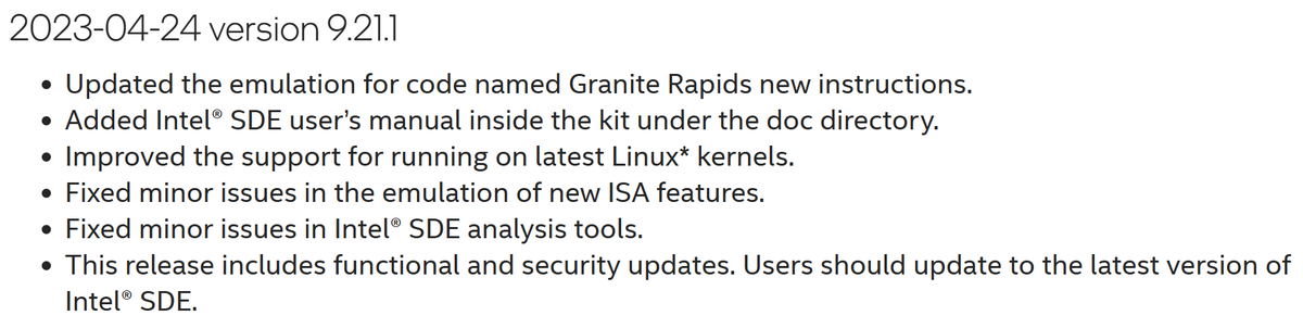 InstLatX64's tweet photo. #Intel released the Software Development Emulator 9.21.1 (Intel SDE 9.21.1) with #GraniteRapids, #SierraForest and #GrandRidge support, sync with 48th ISA Ext guide
#AMXCOMPLEX
https://t.co/vlEoM7DYM6 https://t.co/F4NZmZprRB