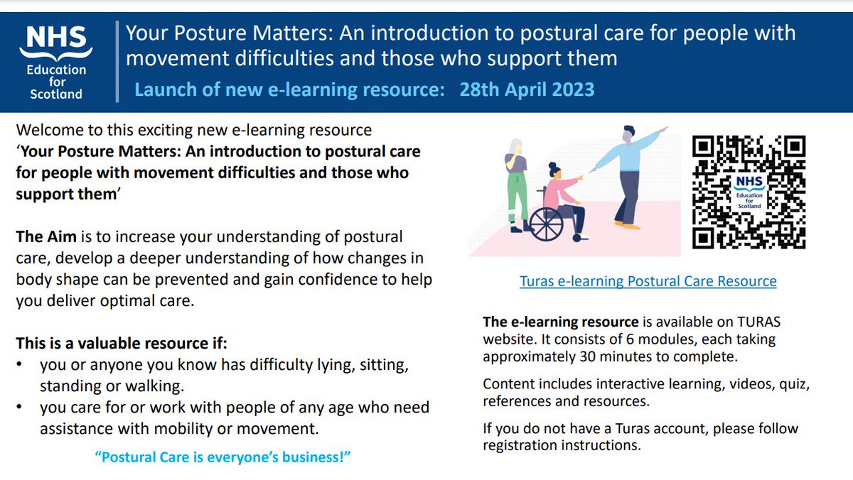 Launch of new, exciting e-Learning resource ‘Your Posture Matters: An introduction to postural care for people with movement difficulties and those who support them’. #YourPostureMatters
#PosturalCare @PAMIS_Scotland @Ahpscot @NatLeadAHPCYP @ALLIANCEScot @ChildHealthScot
@CYPNMCN