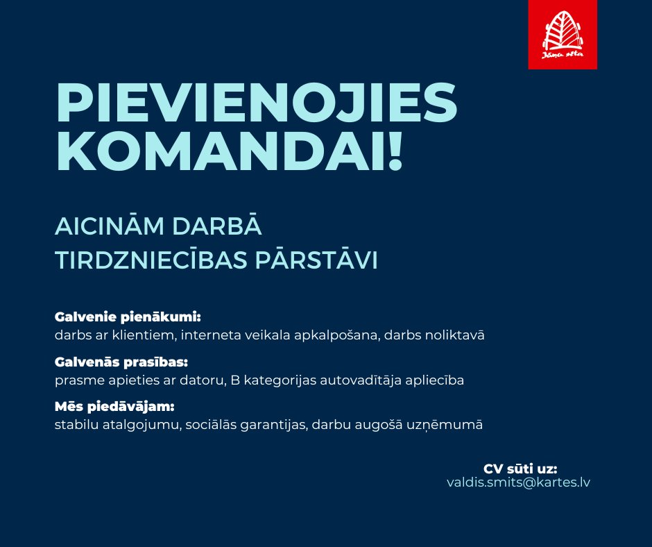 kartes_lv's tweet photo. 🔎Meklējam papildspēkus savai komandai!
✔️Ja Tev ir B kategorijas autovadītāja apliecība, proti apieties ar datoru, darbs ar klientiem Tev nav svešs, un vēlies darbu augošā uzņēmumā – pievienojies mums!
📧CV sūti līdz 12. maijam! https://t.co/8RNgpbO99D