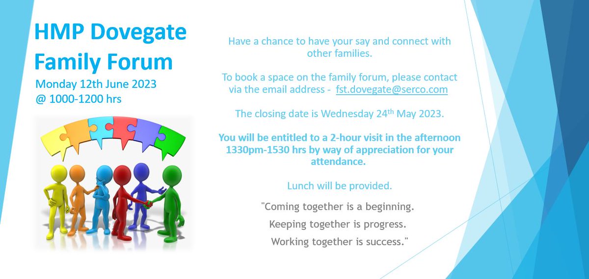 HMP Dovegate’s Family Support Team is delighted to announce our first Family Forum of the year - Monday 12 June 2023. Have a chance to have your say and connect with other families. To book a space, please follow the below guidance. #SercoAndProud
