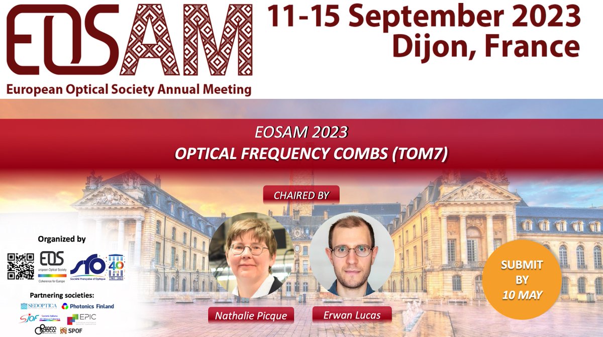 Join us at #EOSAM2023 Topical Meeting on Optical frequency combs, chaired by Erwan Lucas and Nathalie Picque, to learn about the latest developments in optical frequency combs and their applications!
#Submission until 10 May bit.ly/3ZpGvm1