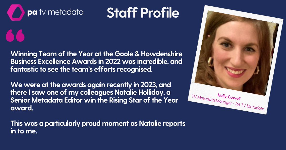 PATVMetadata's tweet image. In our most recent Staff Profile, we look at TV Metadata Manager, Holly Cowell who shares some of her most memorable experiences from working at PA TV Metadata.

Read Holly&apos;s profile here: go.pa.media/l/314511/2023-…
#metadatamanager #tvmetadata