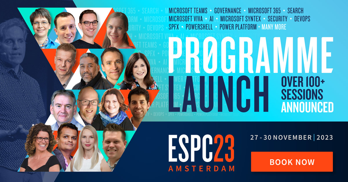 ESPC_Community's tweet photo. 🚀 What topics will the #ESPC23 Programme cover?
#MicrosoftTeams, #CoPilot, #AzureAD, #Intranet,  #MicrosoftViva, #MicrosoftSyntex, #DevOps, #GitHub,  #SPFx, #MicrosoftSearch, #AI, #Microsoft365, #APIs, #Bicep, #DAX, #Governnace, #Migration &amp; more!  https://t.co/f7UIC4aFMN https://t.co/BA4rvIdeek