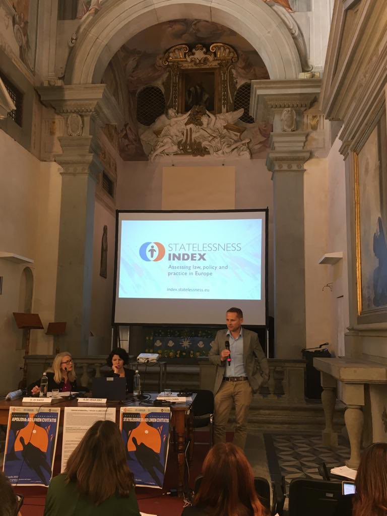 ENStatelessness's tweet photo. Great to be at @UNHCRItalia event in Florence. ENS Director Chris Nash presents our #StatelessnessINDEX and #StatelessJourneys campaign as key tools to help effectively address #statelessness in Europe alongside @refugees #ibelong campaign https://t.co/YUPkX7XOqB