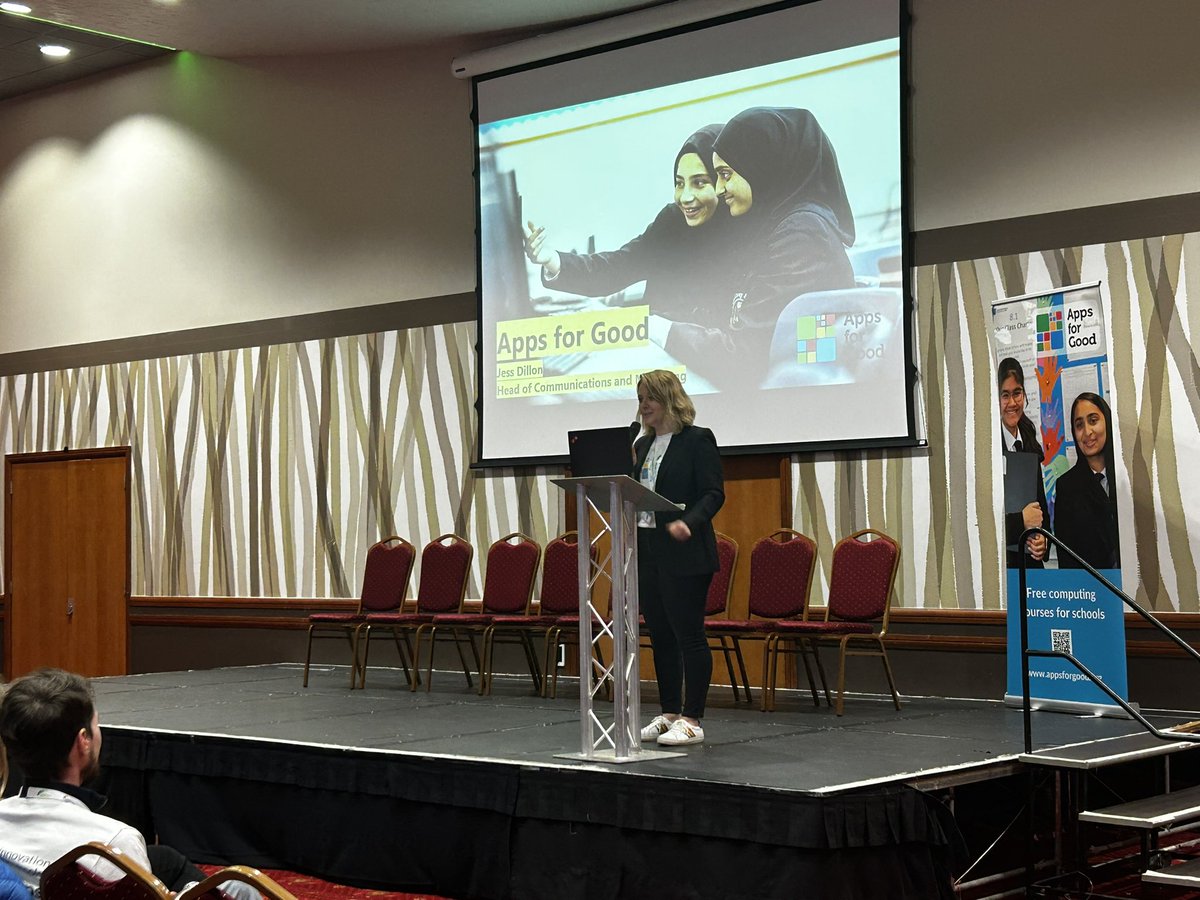 DenbighHigh's tweet photo. @dillonjess24 presents all things @AppsforGood. Discussing the importance of the course for students, giving them opportunities to develop their skills and empowering them to make a difference #CCADIS2023 @ChallneyBoys @darcyprior https://t.co/19I4ClVogq