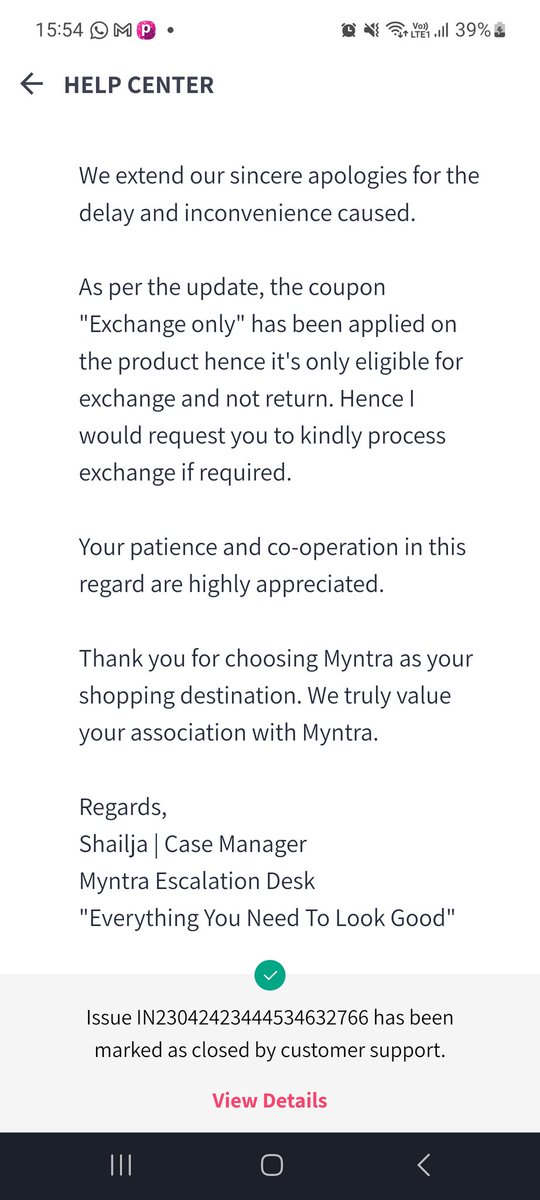 Unnati_W's tweet photo. @myntra This is your solution @myntra ?

I did not get a single call. I have been telling you I'm not able to exchange as I ordered the largest size 
Yet you resolves my query without talking to me
This is a bad service and unfair policy https://t.co/8h1zjHmPXT