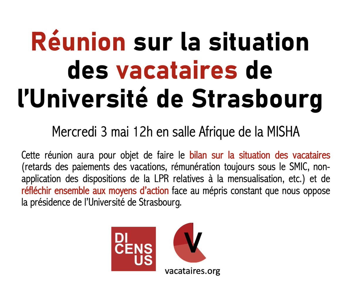 Vacataires ! Rendez-vous mercredi 3 mai à 12h à la MISHA pour dresser ensemble le bilan de la situation des vacataires à l'Université de Strasbourg.  Où en est-on ? Concrètement, que faire ? Comment agir ? plus d'infos ⬇️
<a href="/vacataires_org/">Vacataires.org</a>