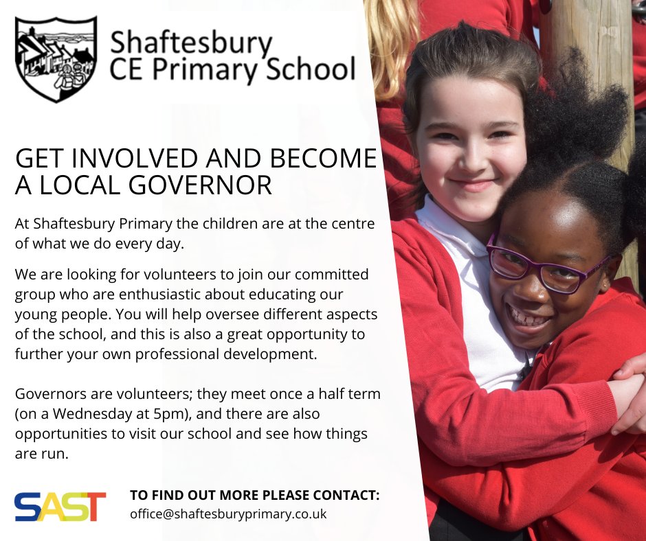 SPriSNews's tweet photo. Parents/carers 

Shaftesbury Primary School is looking for a new Chair of Governors. If you think this might be something you are interested in,  or know of someone who would be interested in taking this role on, please contact us. https://t.co/LzITHzm2H1