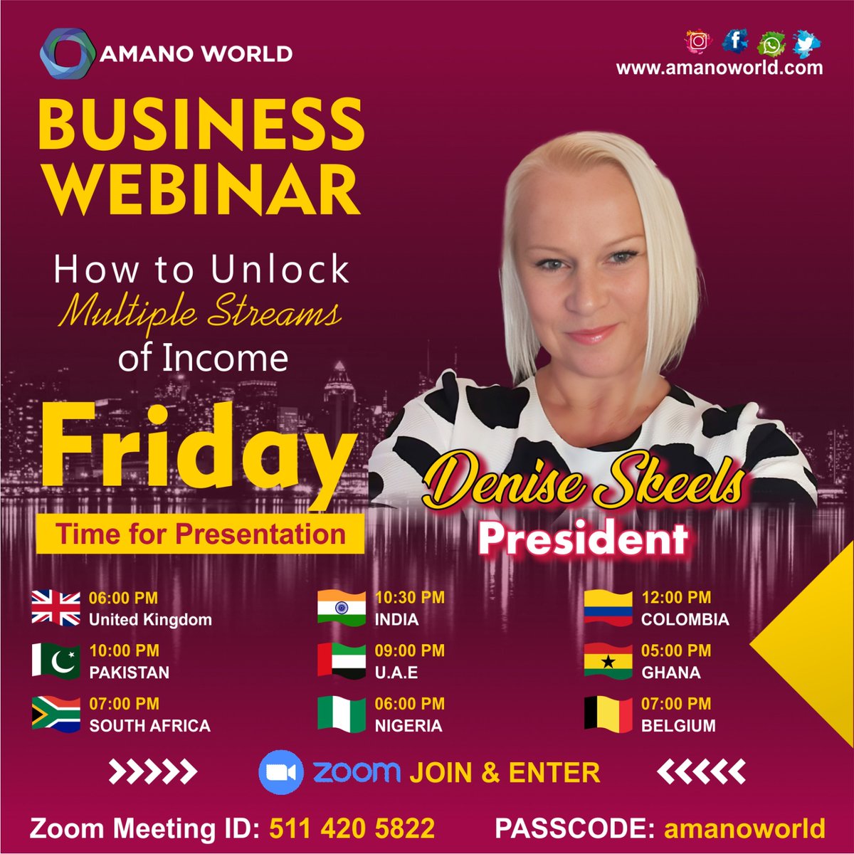 amanoworld1's tweet photo. 🚨Reminder Today Zoom Call🚨

⏰ 9:00 PM - UAE
⏰ 6:00 PM - UK
⏰ 6:00 PM - Nigeria
⏰ 10:00 PM - Pakistan
⏰ 10:30 PM - India
⏰ 7:00 PM - Netherland
⏰ 7:00 PM - Belgium
⏰7:00 PM - South Africa

https://t.co/86FJpQB9jX...

Meeting ID: 511 420 5822
Passcode: amanoworld https://t.co/Xh8xhE03xS