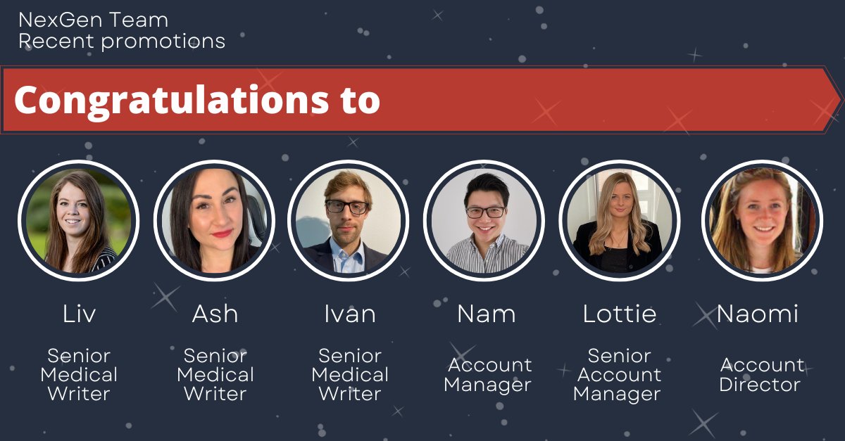 We are delighted to announce our most recent promotions at NexGen! Huge congratulations to Ash, Liv, Ivan, Nam, Lottie and Naomi! 🎉

#medcomms #agencylife #pharma #healthcarecomms