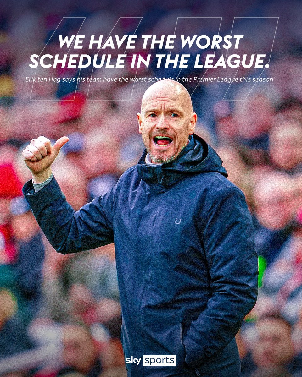 SkySportsPL's tweet photo. Erik ten Hag claimed Manchester United have "the worst schedule in the Premier League" this season but says his team cannot use it as an excuse for throwing away a two-goal lead at Spurs... 👀 https://t.co/u775P4AUSs
