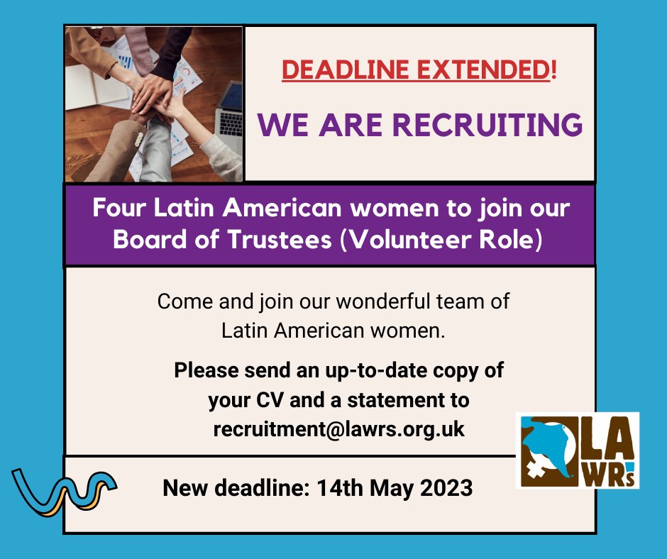 lawrsuk's tweet photo. 📢 DEADLINE EXTENDED 

We are recruiting! Come and join our wonderful team of Latin American women.

⭐️We are seeking four Latin American women to join our diverse and friendly Board of Trustees 

Deadline: 14th May 2023  
More information here: https://t.co/m7SZJ9OuaB https://t.co/ECmZNi42Pt