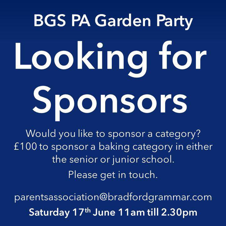 If you feel you could help sponsor any part of our upcoming garden party then please email parentsassociation@bradfordgrammar.com #HocAge #BgsFamily @BradfordGrammar @JuniorGrammar it all helps to raise funds for everyone