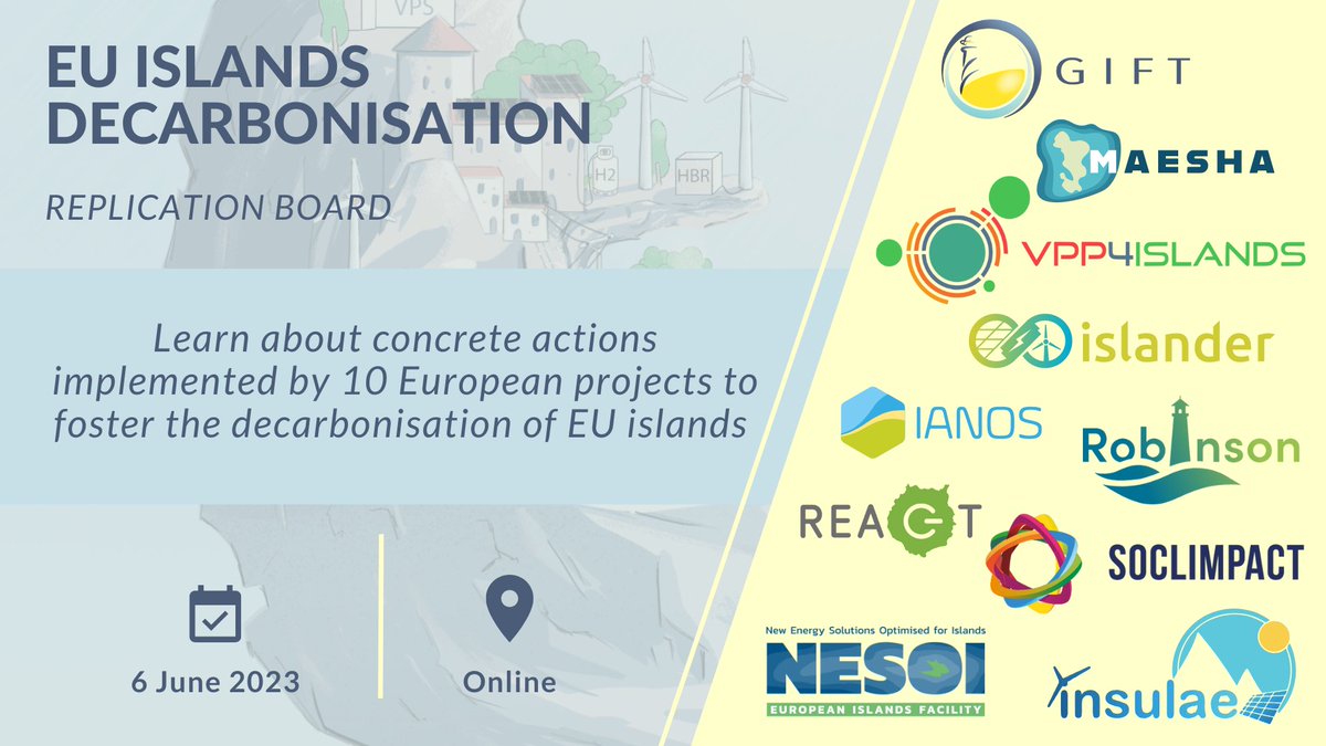 You are a European islands? You are interested in learning about solutions to decarbonise islands energy mix? Register for our Replication Board!

𝟲𝘁𝗵 𝗼𝗳 𝗝𝘂𝗻𝗲 - 𝗦𝗮𝘃𝗲 𝘁𝗵𝗲 𝗱𝗮𝘁𝗲!

Agenda and registration: gift-h2020.eu/2023/04/24/371…

<a href="/cinea_eu/">CINEA 🇪🇺</a> <a href="/cleanenergy_eu/">Clean Energy 🇪🇺 CINEA</a>