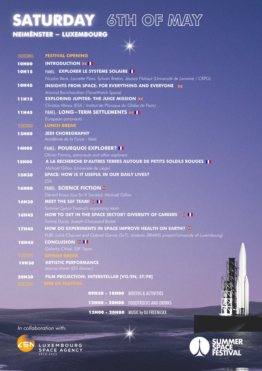 Check the full program of Saturday 6th - Public Day. Entrance is FREE for everyone, no registration needed. Full details here : summerspacefestival.eu - #villedeluxembourg #luxembourgcity #luxembourglife #luxembourgspacecluster #space #festival #luxembourg #summerspacefestival