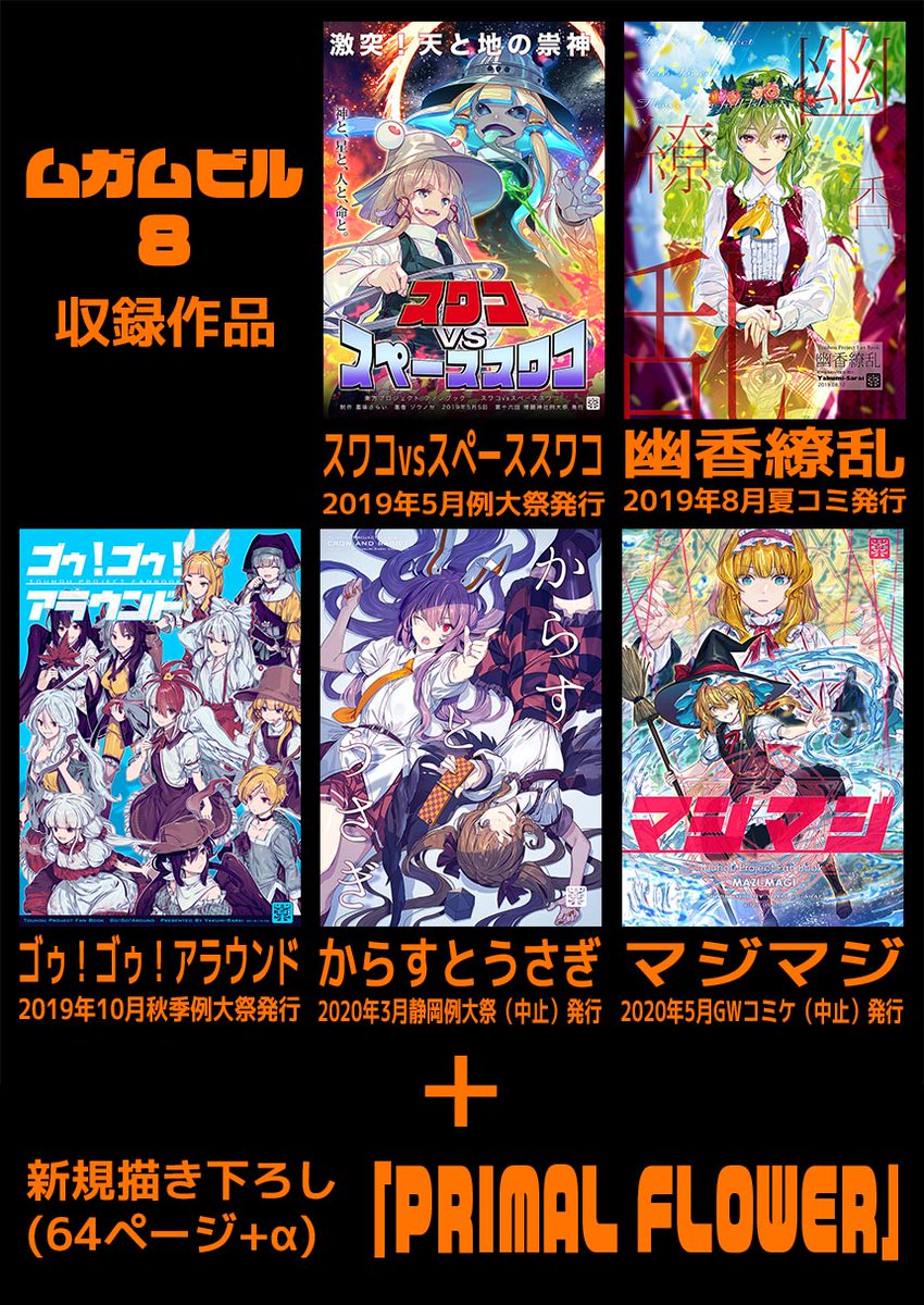 例大祭で頒布予定の総集編新刊「ムガムビル8」の書店予約始まりました!既刊5冊(詳細は画像にて)と新規描き下ろし「PRIMAL FLOWER 」(64ページ+α)を収録しています。よろしくお願いしますー! メロン様 https://www.melonbooks.co.jp/detail/detail.php?product_id=1891283 とら様 https://ecs.toranoana.jp/tora/ec/item/040031057876/