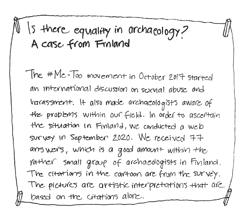 BAR_Publishing's tweet photo. A taster from these wonderfully unconventional proceedings: ch. 3 (from @tiina_aikas, @SannaLipkin, @HemminkiNoora &amp; @TKirkinen) takes a visual approach to gender equality in archaeology. Noora interprets the results of a 2020 survey into cartoon form 🎨 https://t.co/Vw5psE4QlC https://t.co/FCpxW1tZ8k