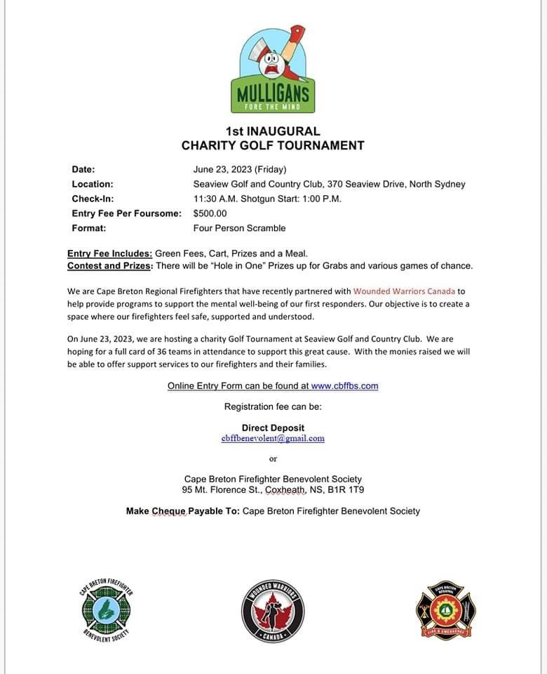 Support CBRM Firefighters by registering for the inaugural Charity Golf Tournament. Go to cbffbs.com for all the details!!